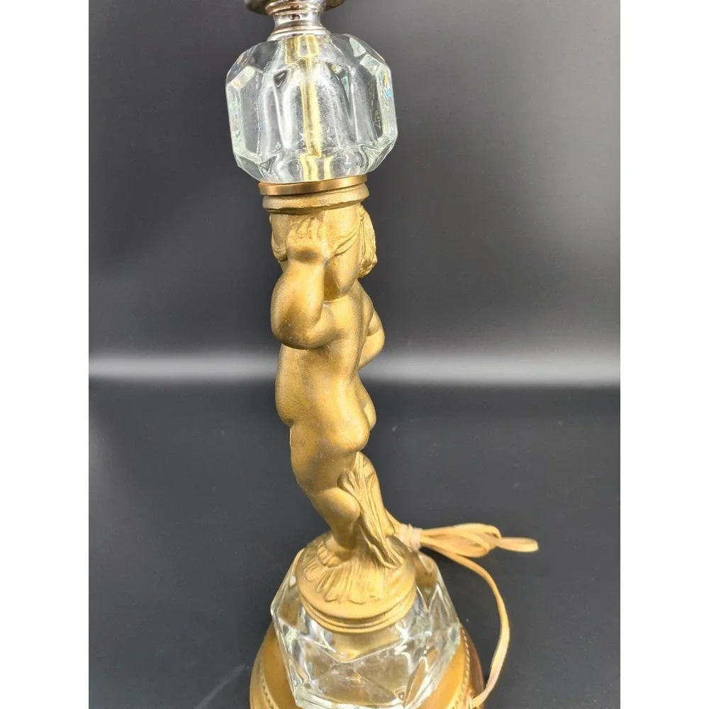 Vintage 1950s Hollywood Regency Cherub Boudoir Lamp Glass Crystal Gilt Mixed...